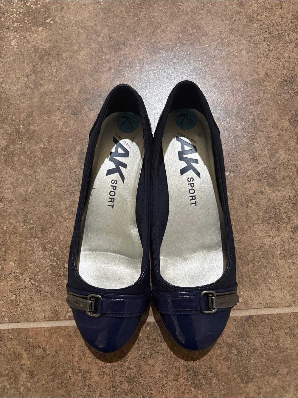Anne Klein Navy Patent Cap-Toe Flats with Buckle